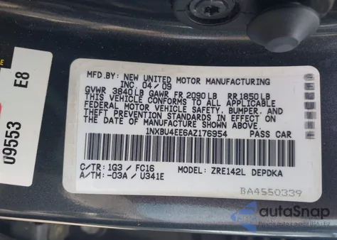 2010 Toyota Corolla Le из США, поврежденный, VIN 1NXBU4EE6AZ176954